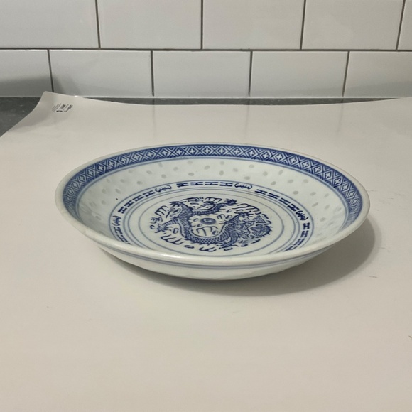 VTG Chinese Blue White Rice Grain Porcelain Bowl Dish Dragon - Picture 3 of 5